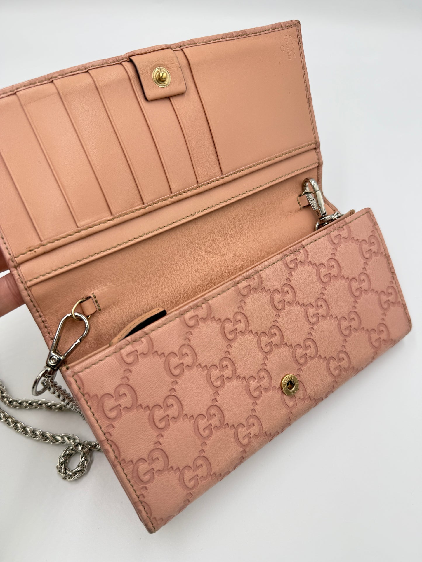 Gucci Blush Pink Leather Guccissima Wallet on Chain