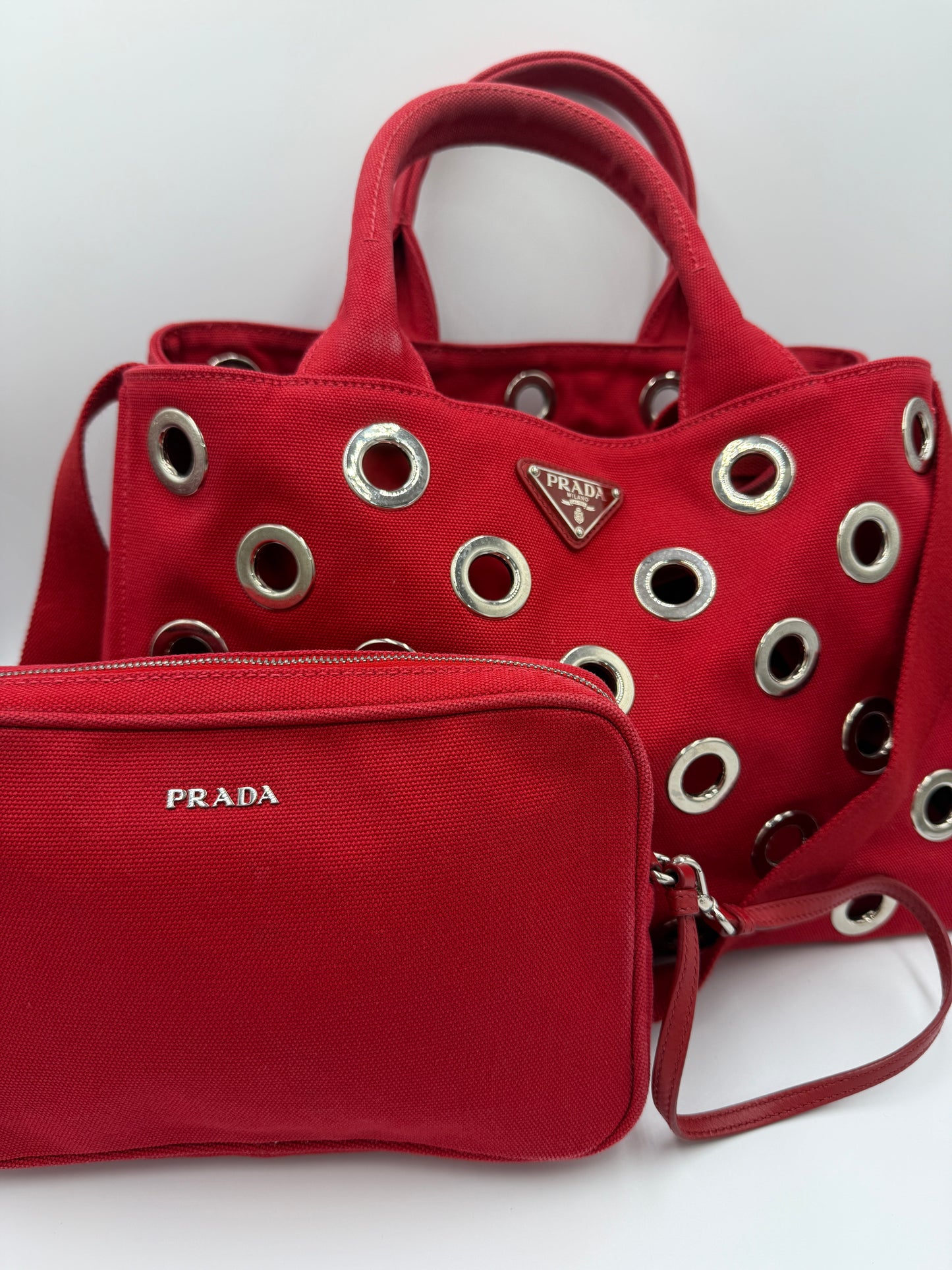 Prada Red Grommet Canapa MM with Crossbody Strap and Wristlet