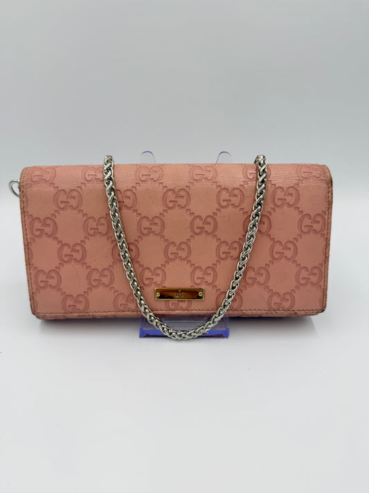 Gucci Blush Pink Leather Guccissima Wallet on Chain