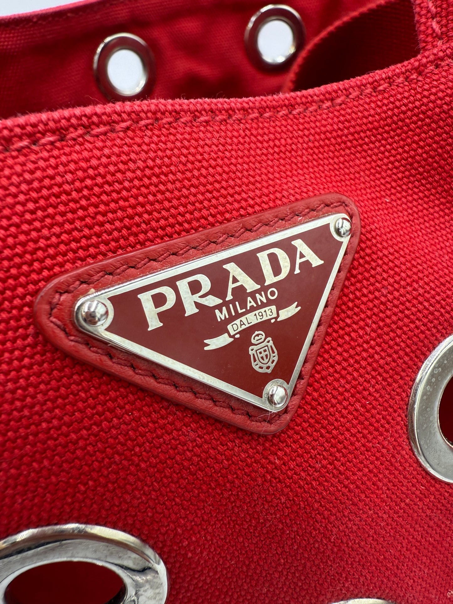 Prada Red Grommet Canapa MM with Crossbody Strap and Wristlet