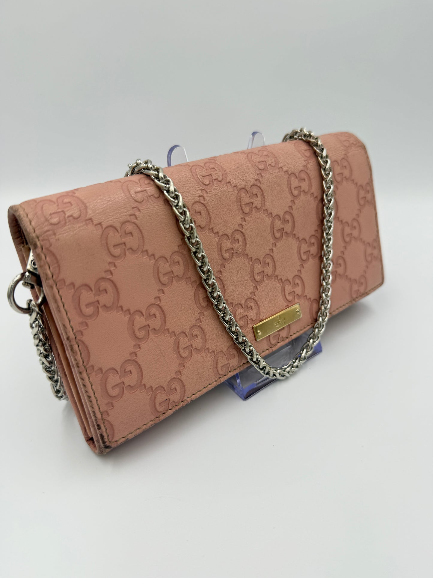 Gucci Blush Pink Leather Guccissima Wallet on Chain