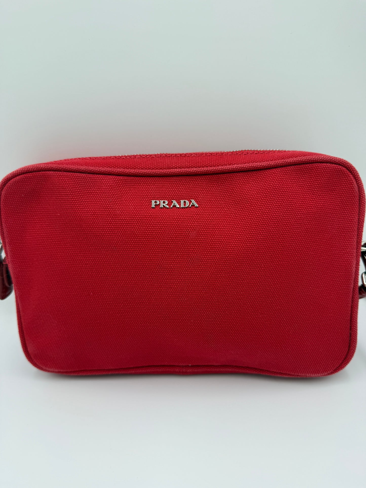 Prada Red Grommet Canapa MM with Crossbody Strap and Wristlet