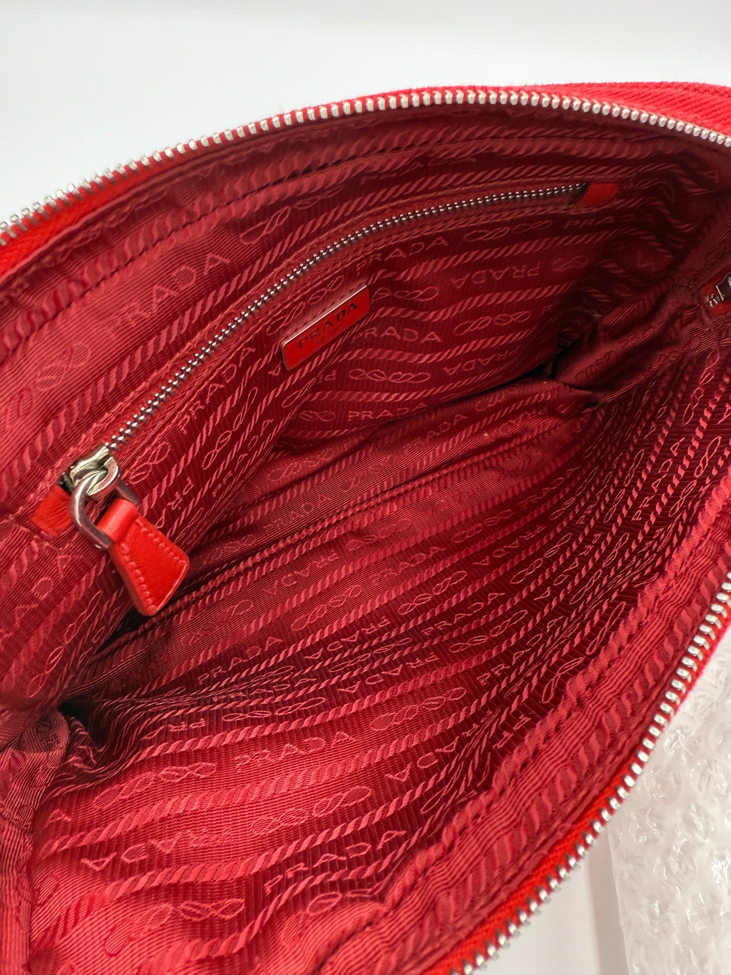 Prada Red Grommet Canapa MM with Crossbody Strap and Wristlet